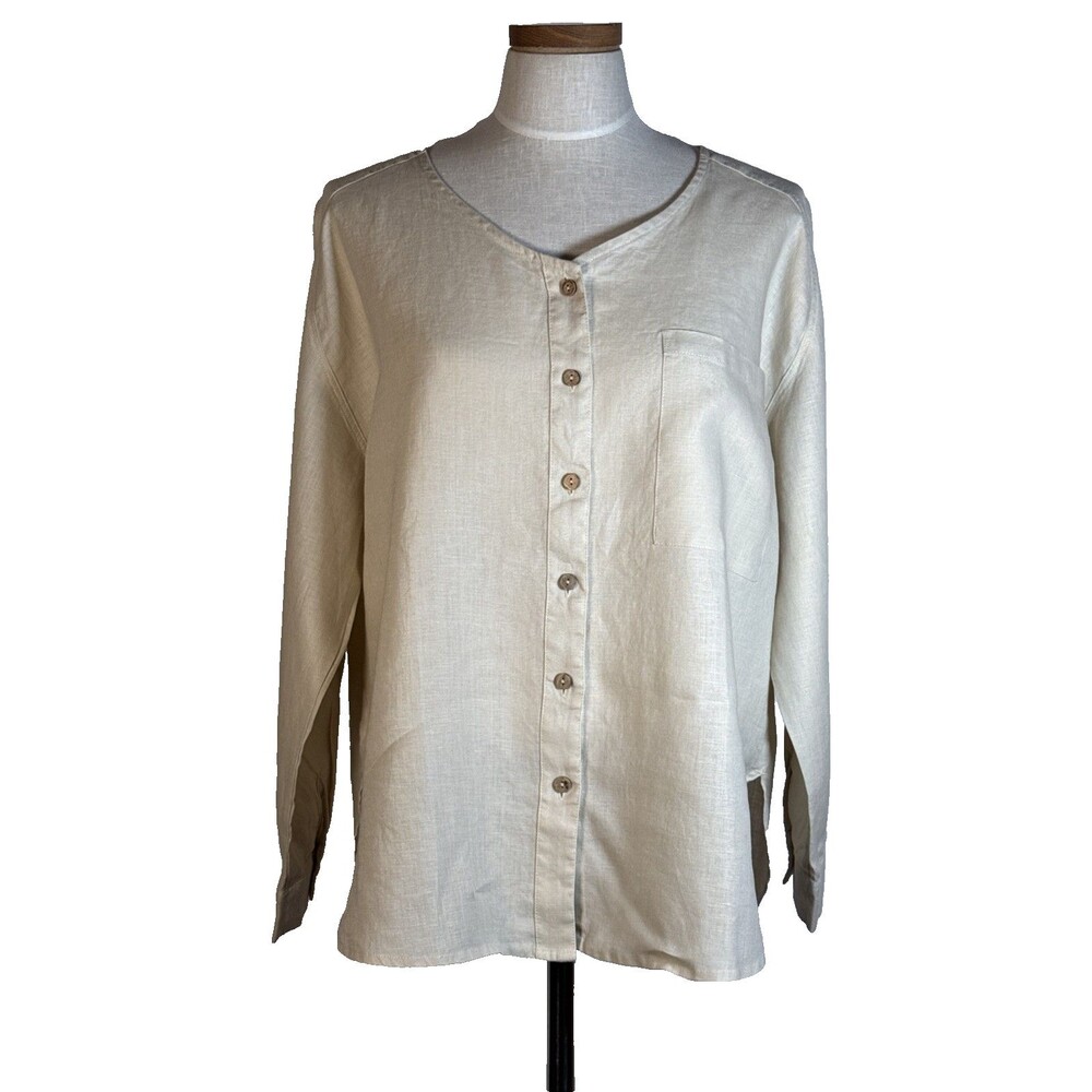 Grae Cove Tan Linen Boxy Lagenlook Top  Blouse Large NWT Layering Button Front